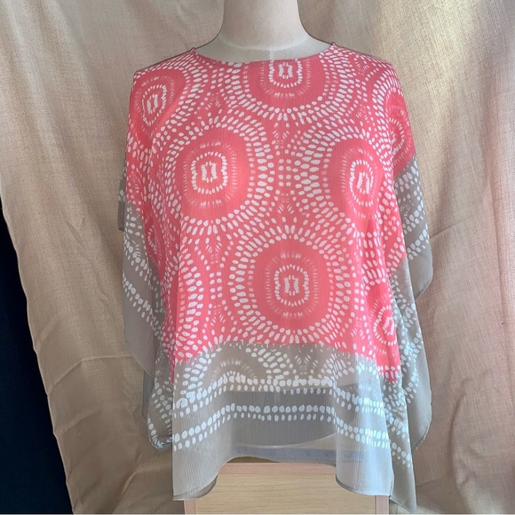 🗣️CHICO'S Sheer Salmon Pink White & Beige Patterned Blouse size S/M - Picture 1 of 5